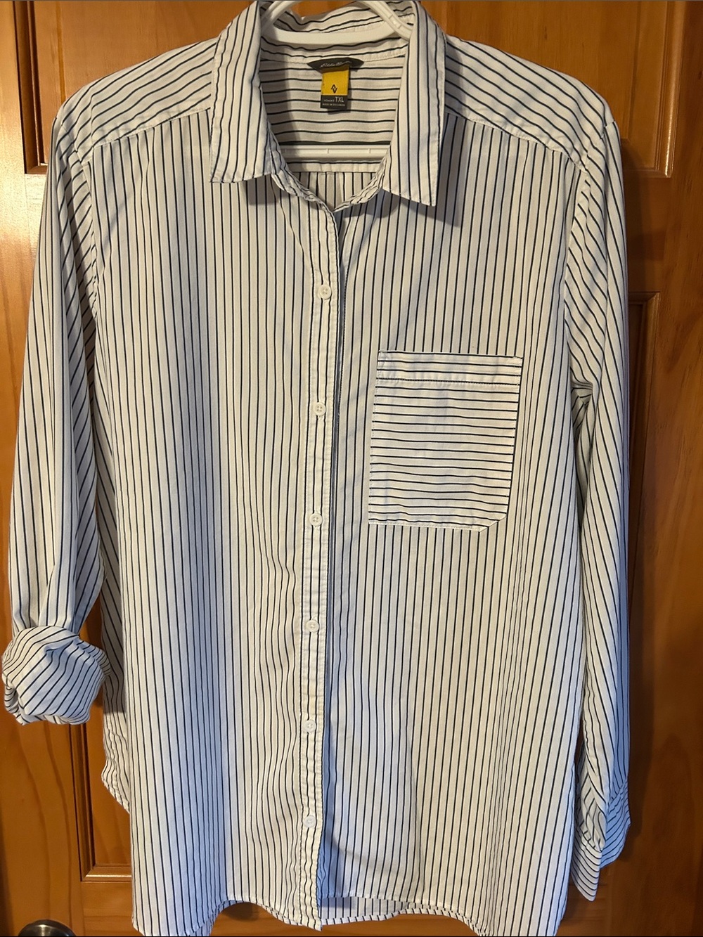Eddie Bauer White and Dark Navy Striped Button-Down Shirt Size XL Tall
